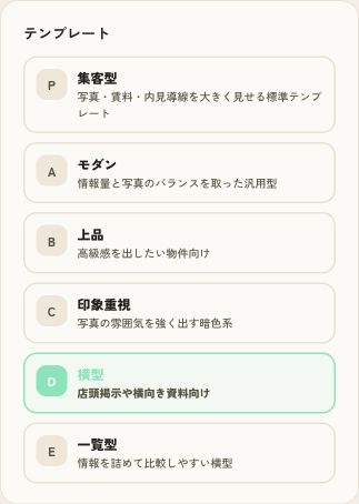 実際の募集図面スタジオにある6種類のテンプレート。横型が選択されている