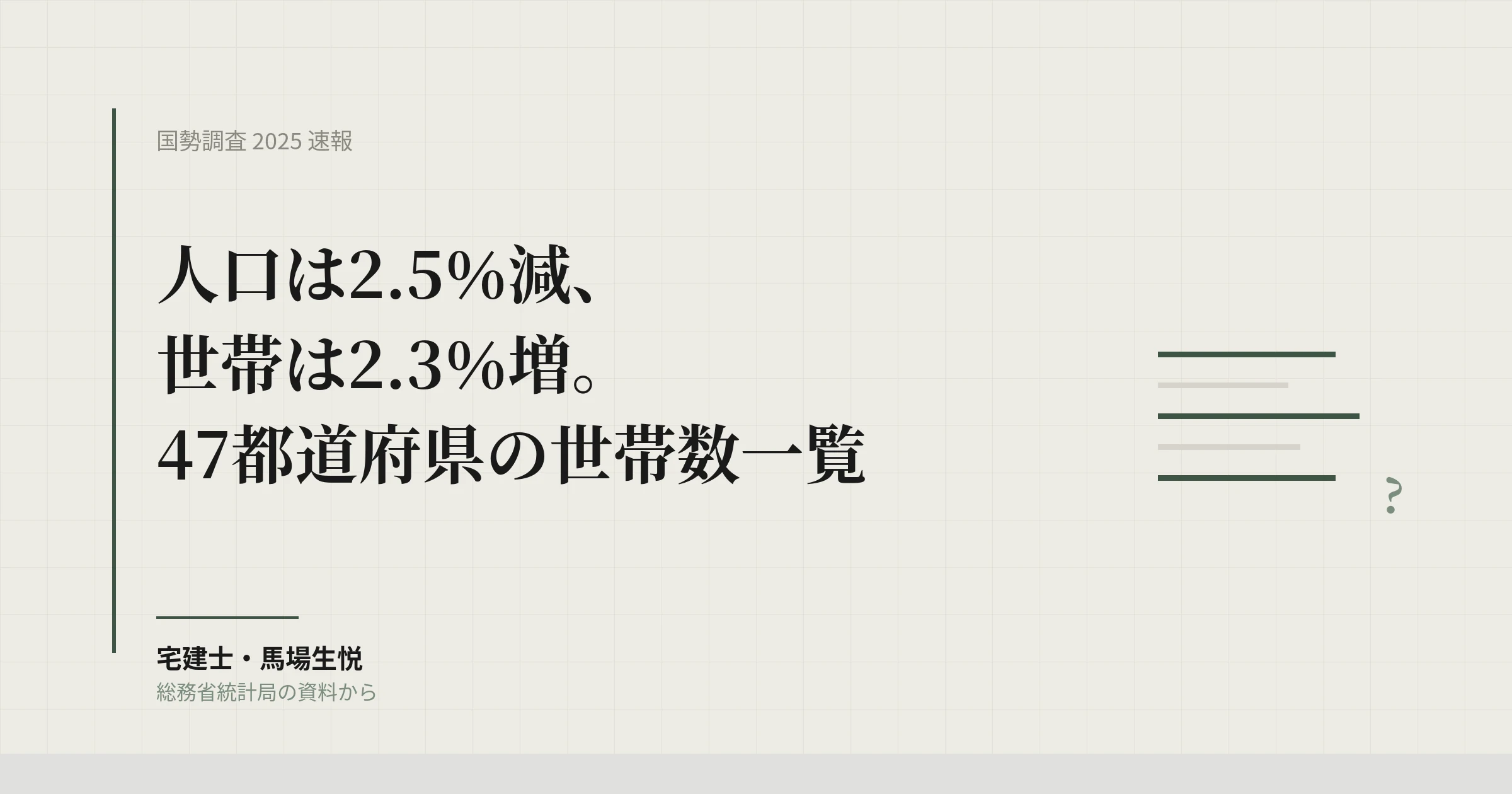国勢調査2025速報｜人口2.5％減でも世帯2.3％増、47都道府県の世帯数一覧