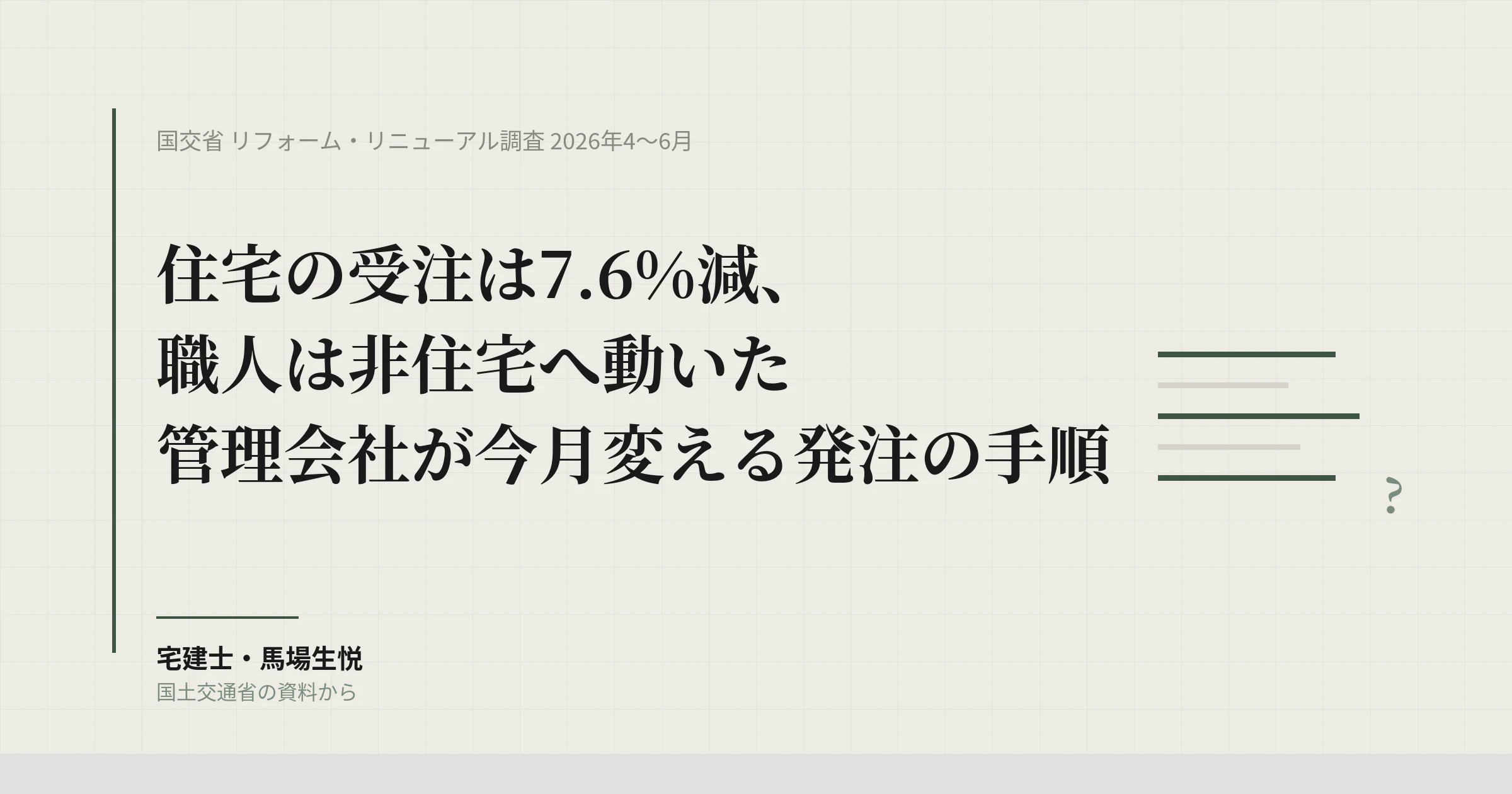 リフォーム調査2026年4〜6月｜住宅7.6%減・共用部31%減、職人は非住宅へ